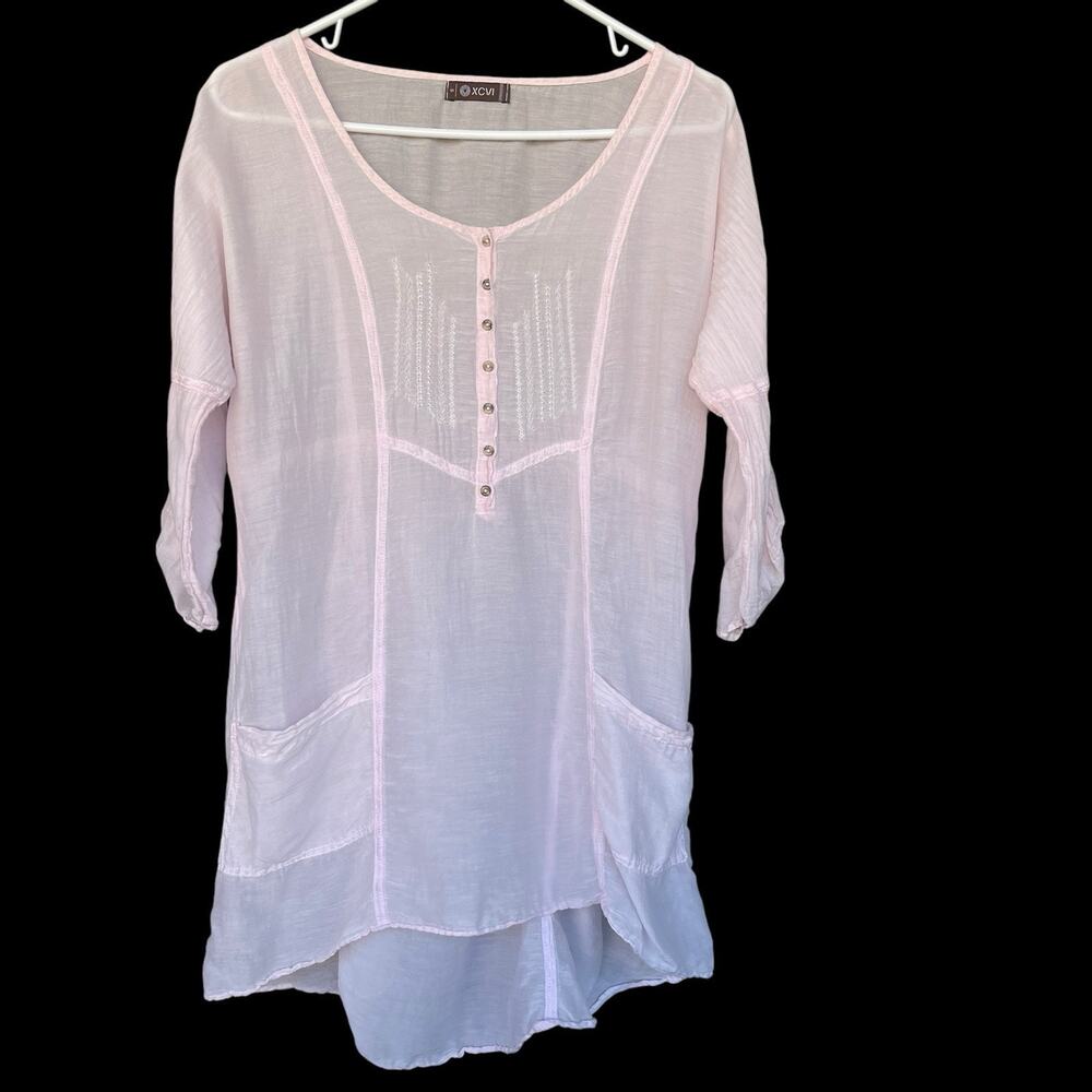 XVVI Womens Tunic Top Small Pale‎ Pink Silk Cotton Roll Tab Sleeve Lightweight